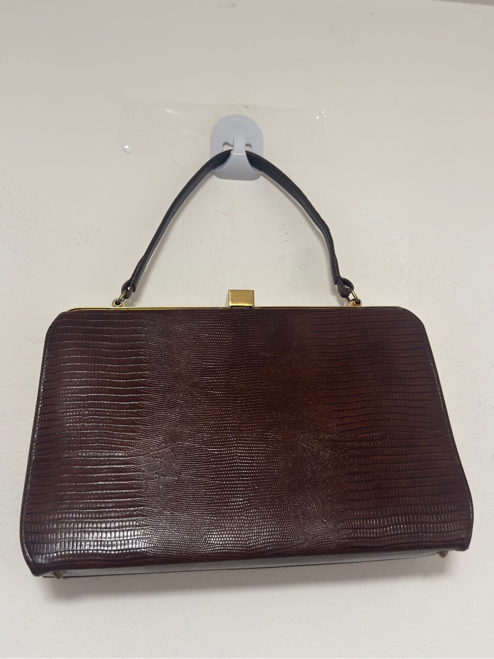 Vintage Brown Lizard Embossed Structured Top Handle Frame Handbag Gold Tone - Picture 2 of 16